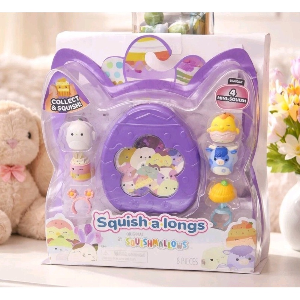 SQUISHMALLOWS SQUISH-A-LONGS EASTER - 8 PIECE SET - SERIES 2 - PURPLE CASE NEW